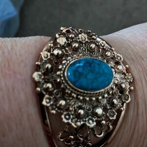 Turquoise Stone Filigree Statement Cuff Bracelet - Women Jewelry